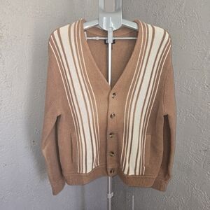 Mens Lands End Tan and White Striped Cardigan Neutral Coastal Preppy Chunky